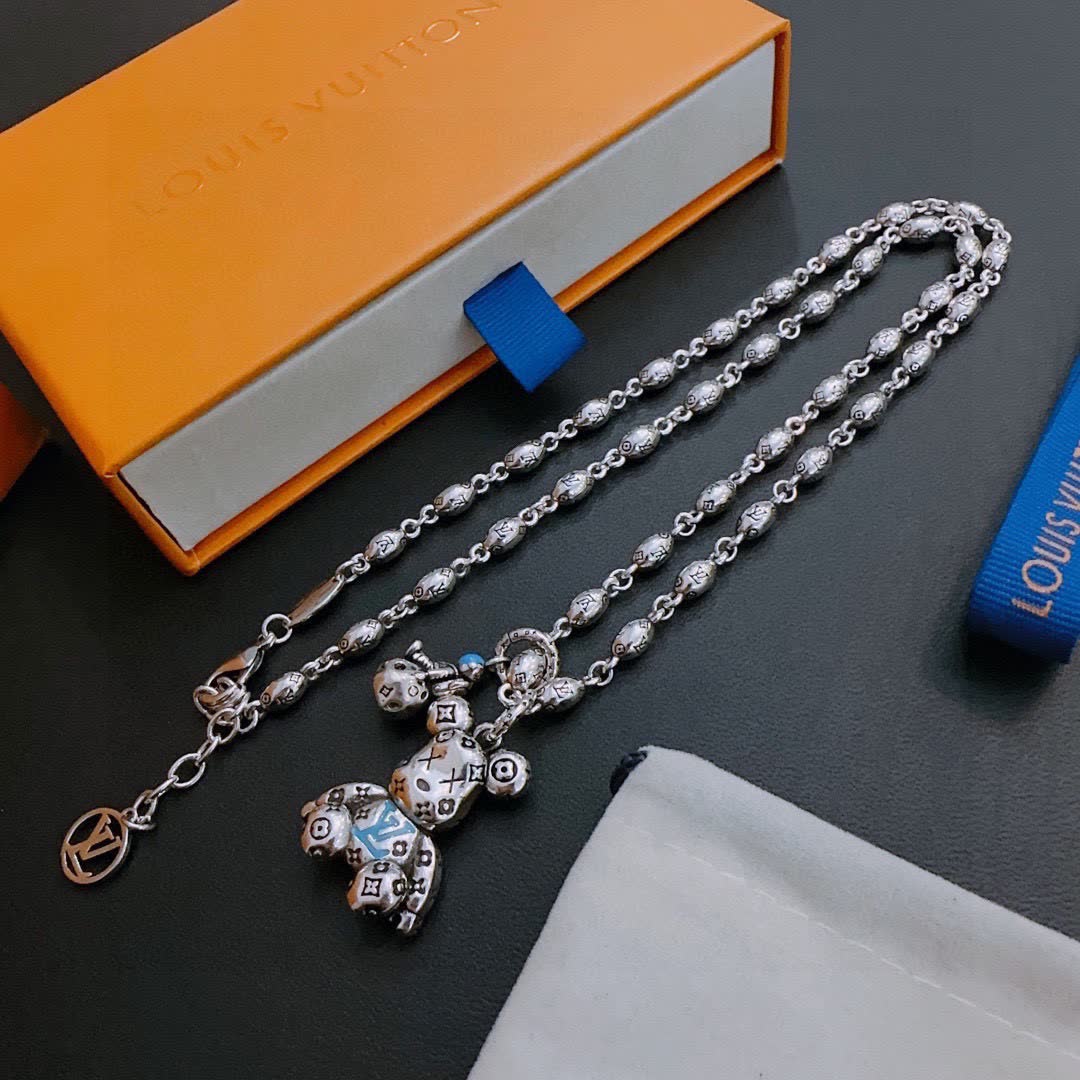 Louis Vuitton Silver Beaded Necklace with Bear Charm